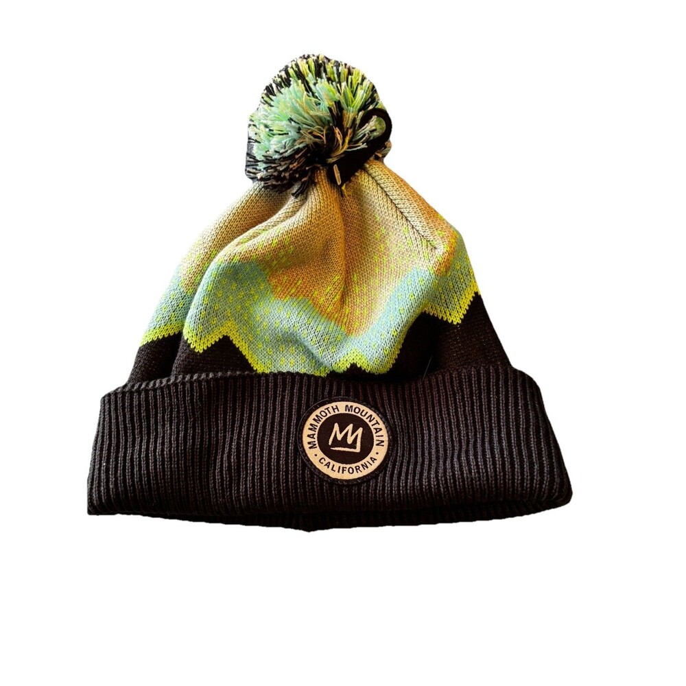 Mammoth Mountain California Reversible Knit Beanie Hat Pom Black Green Ski